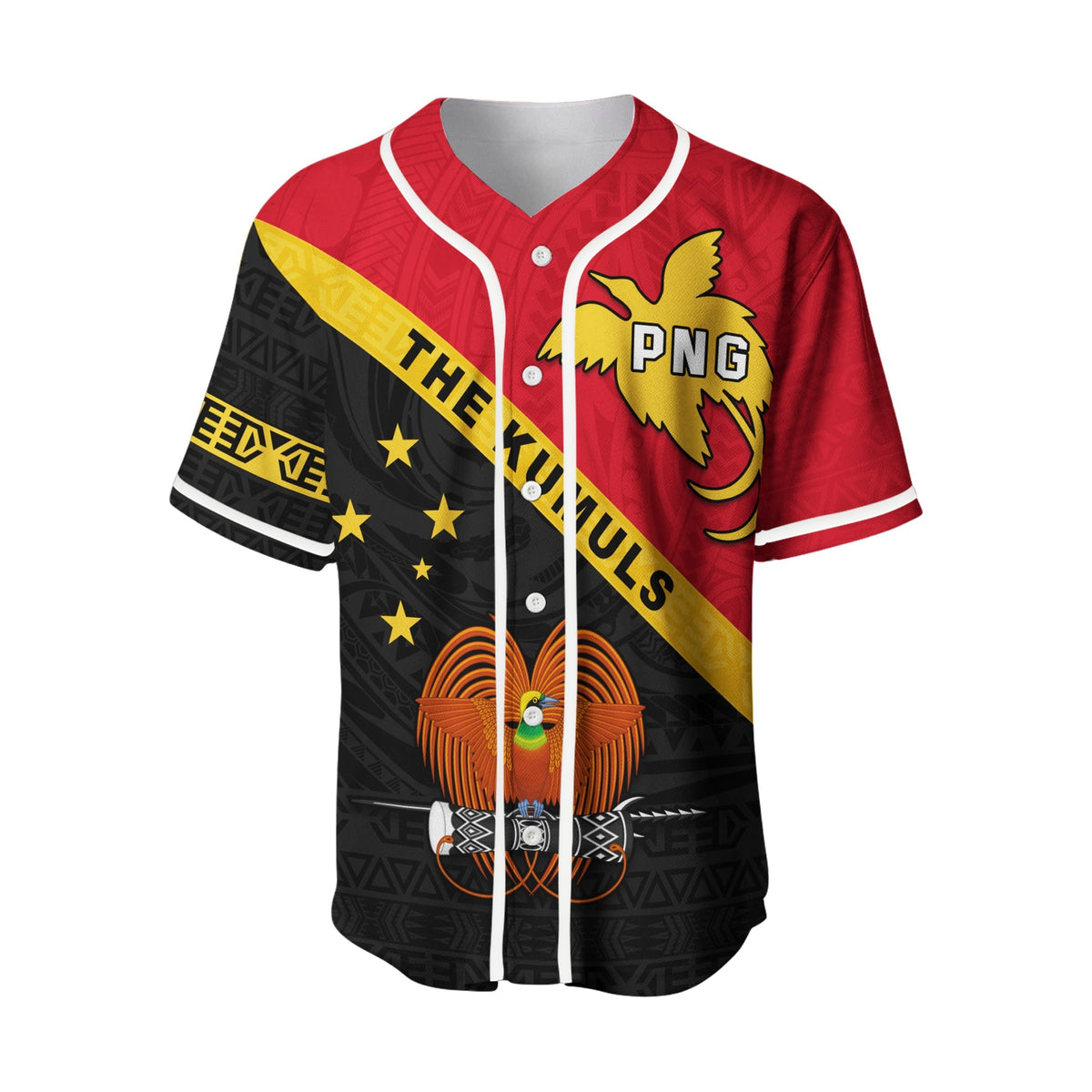Red rugby baseball jersey with white piping, PNG crest and yellow-black star graphics