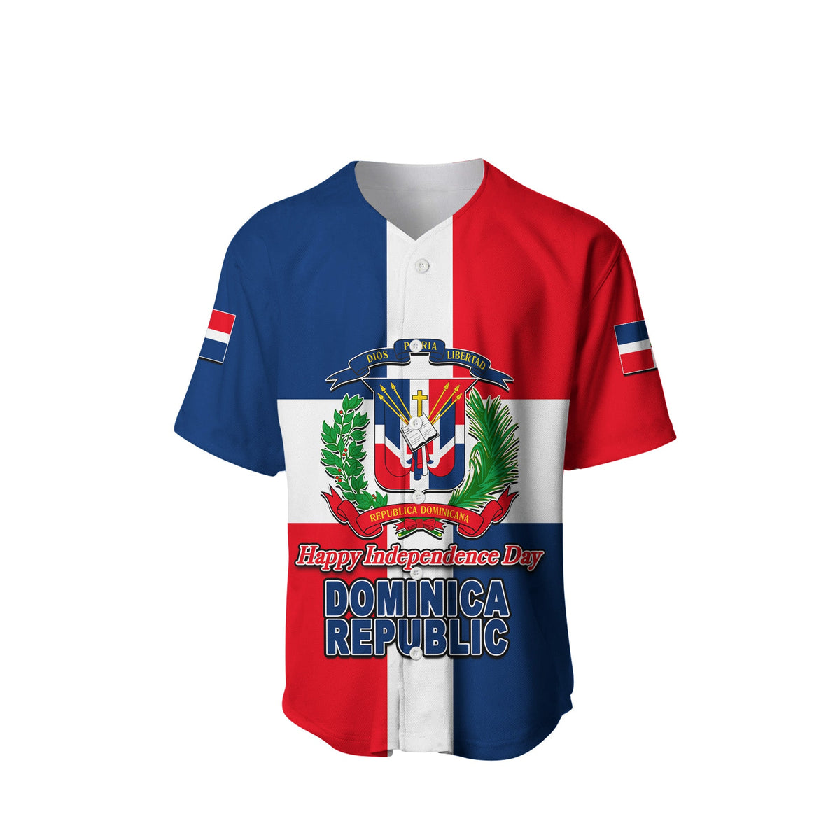 Unisex baseball shirt front: Happy Independence Day DOMINICA REPUBLIC logo on flag stripes