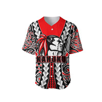 Red baseball jersey front with Kahuku name and tribal chief head graphic