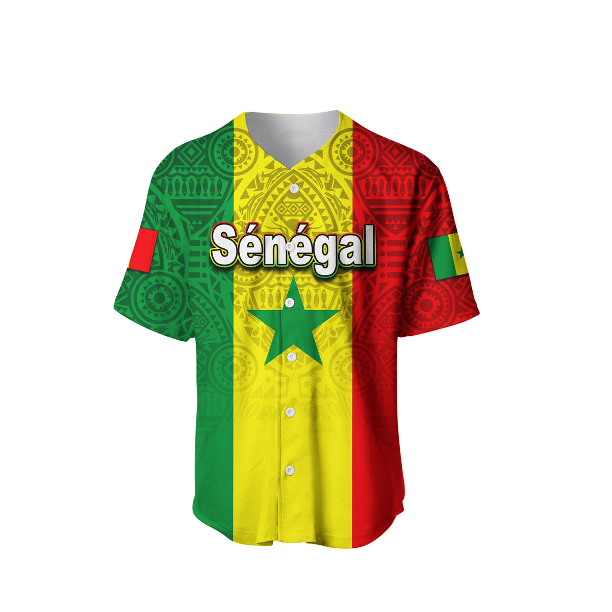 Unisex baseball shirt with “Sénégal” front print, patterned red/green sides, yellow center