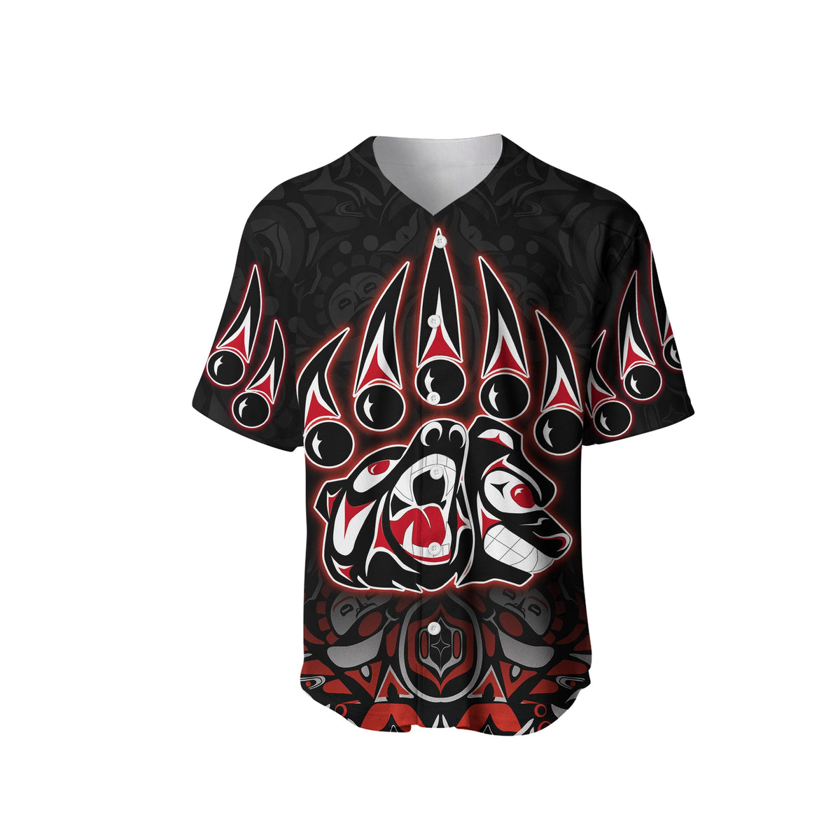 Black unisex baseball shirt with front bear face graphic, red accents
