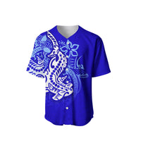 Blue Polynesian-style baseball jersey with hammerhead shark graphic on front