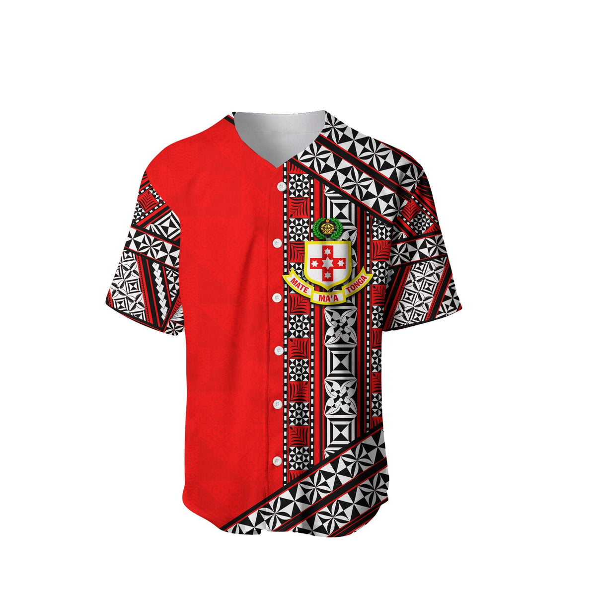 Red baseball jersey with Tonga emblem graphic and 'Your Text' customization panel