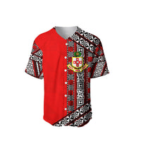 Red baseball jersey with Tonga emblem graphic and 'Your Text' customization panel