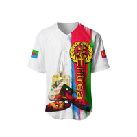 White baseball jersey front with Eritrea crest, tall candle graphic, button placket.
