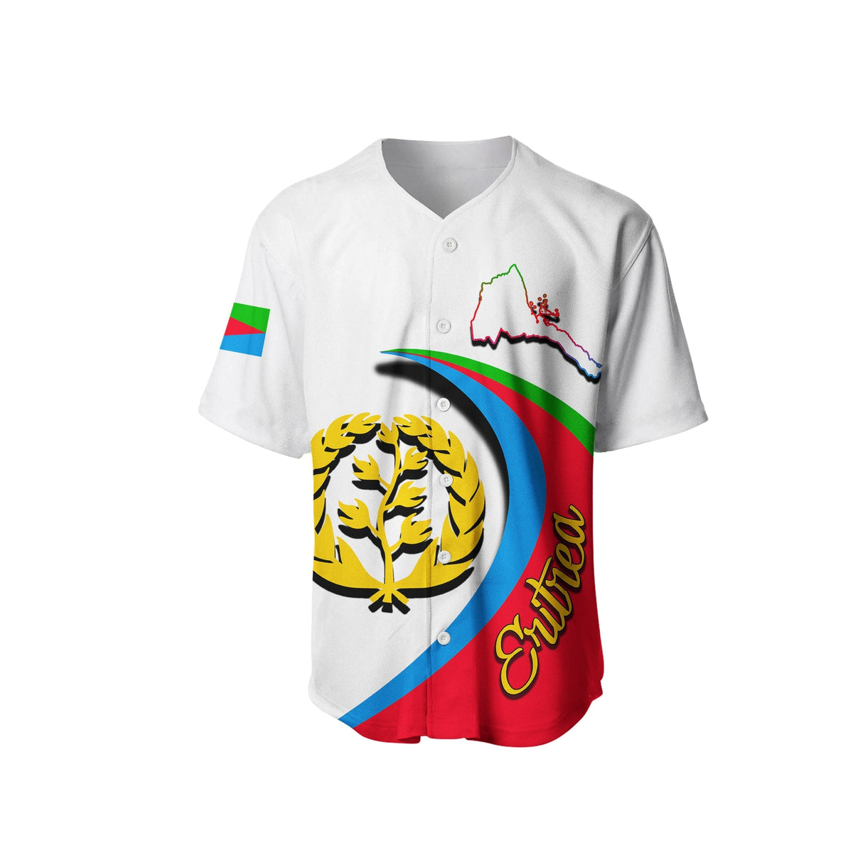 White baseball jersey showing Eritrea flag sleeve, map, and eagle tree logo