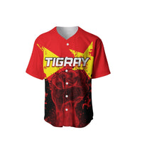 Red baseball jersey front with TIGRAY lettering and star-and-clenched-hand artwork