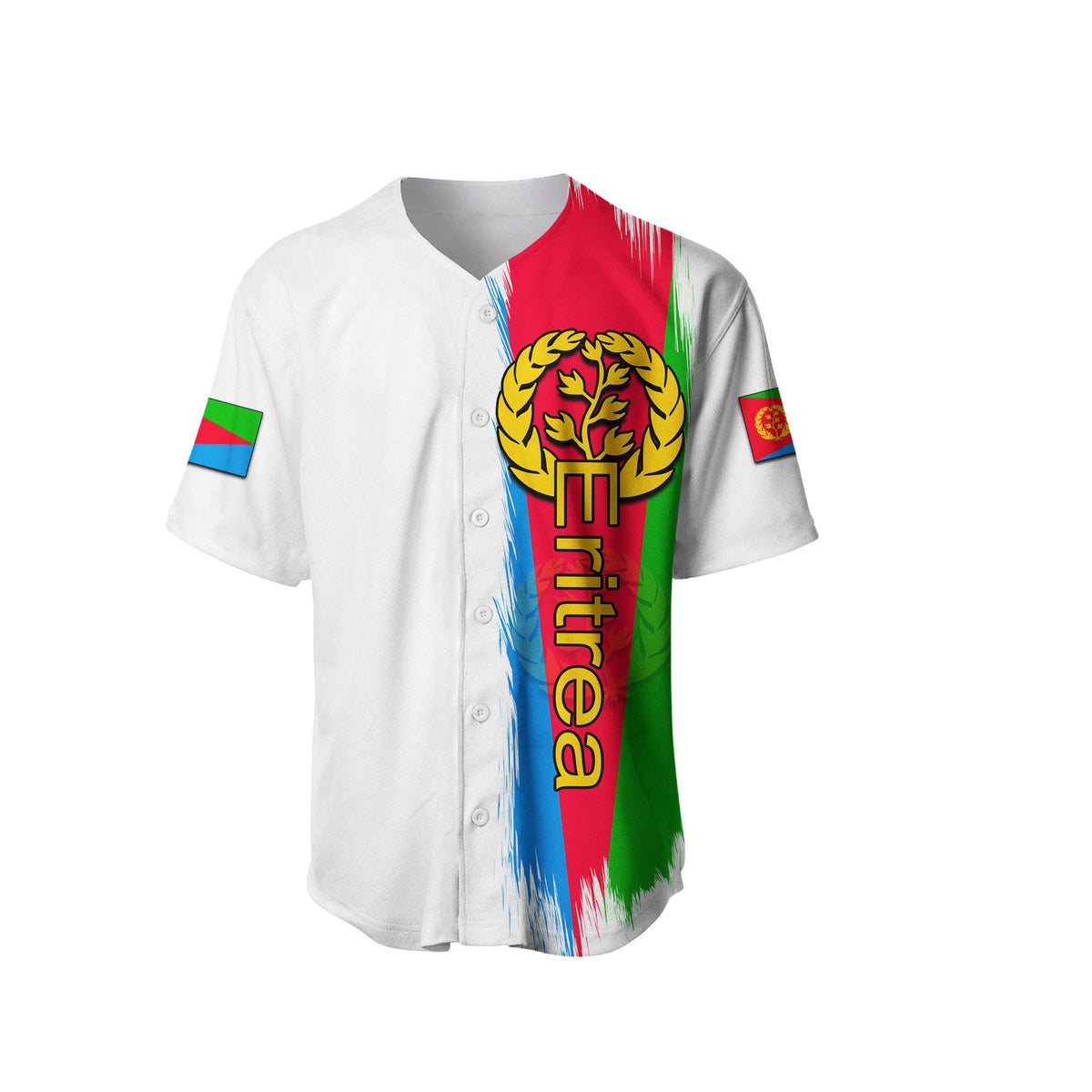 White short-sleeve baseball jersey with vertical Eritrea crest and color-stripe print
