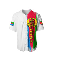 White short-sleeve baseball jersey with vertical Eritrea crest and color-stripe print