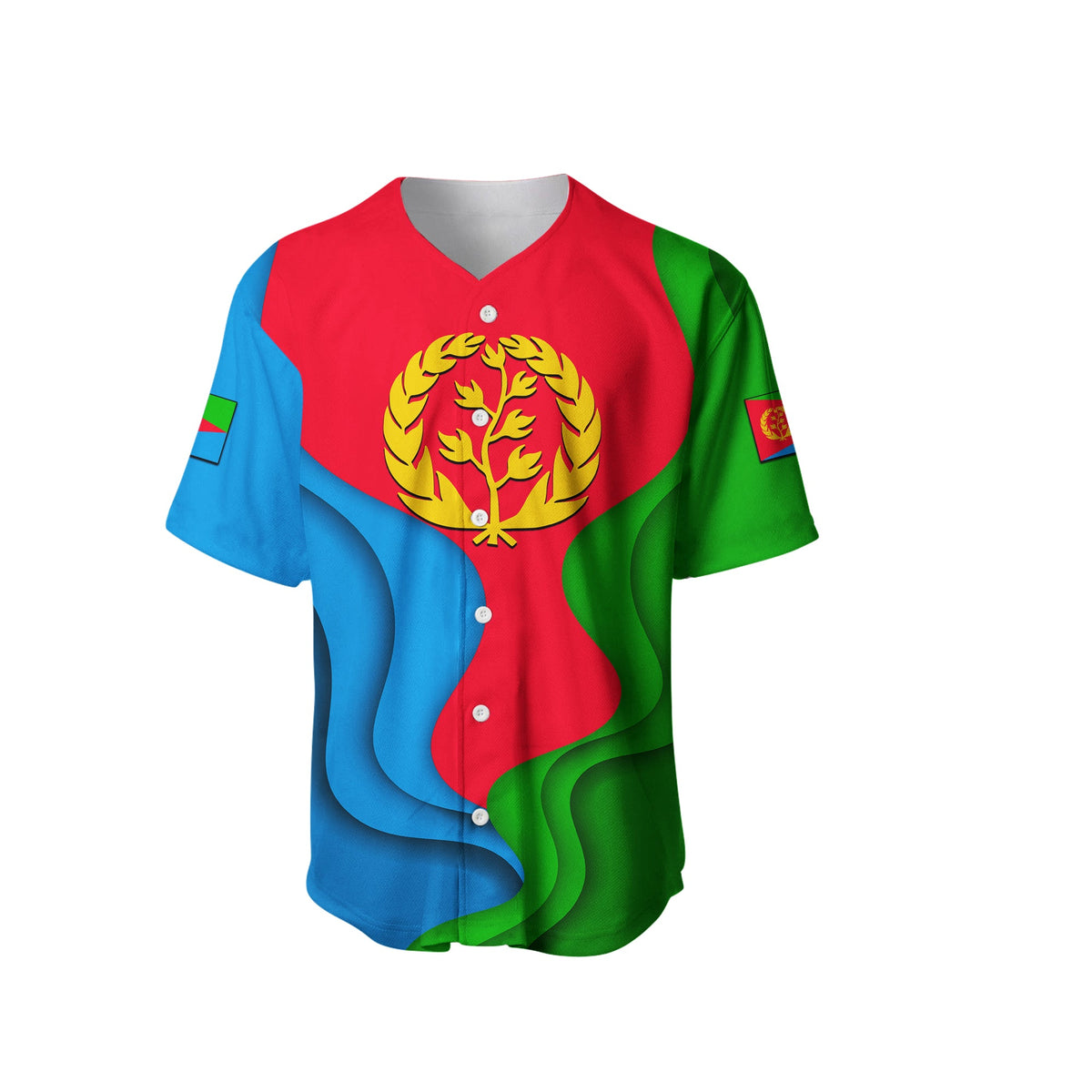 Red, blue, and green jersey with laurel tree emblem and buttoned V-neck front