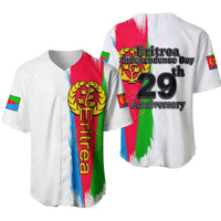 White baseball jersey with Eritrea crest, Independence Day, and 29th Anniversary graphic