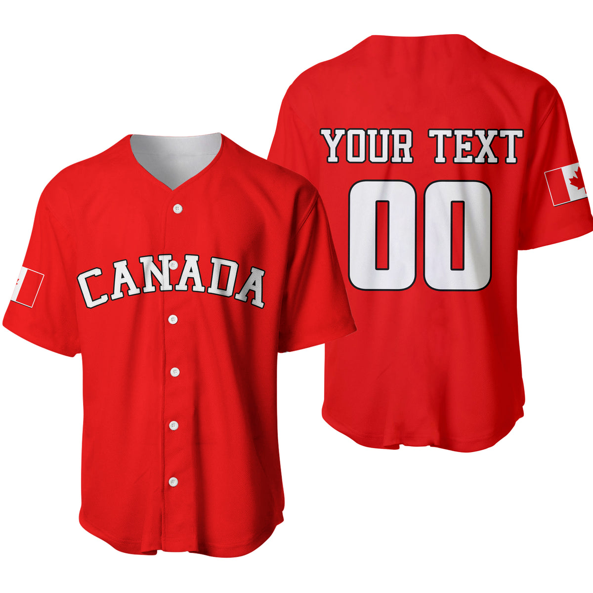 Red baseball jersey with V-neck buttons, Canada lettering, number 00, sleeve flag patch.