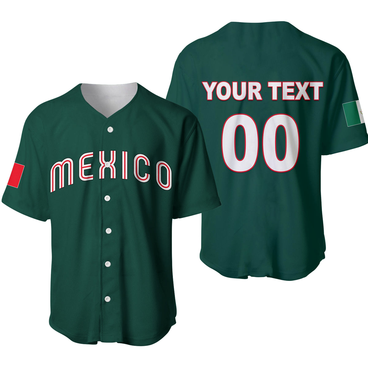 Green Mexico baseball jersey with button front, V-neck, 'MEXICO' logo and '00' on back