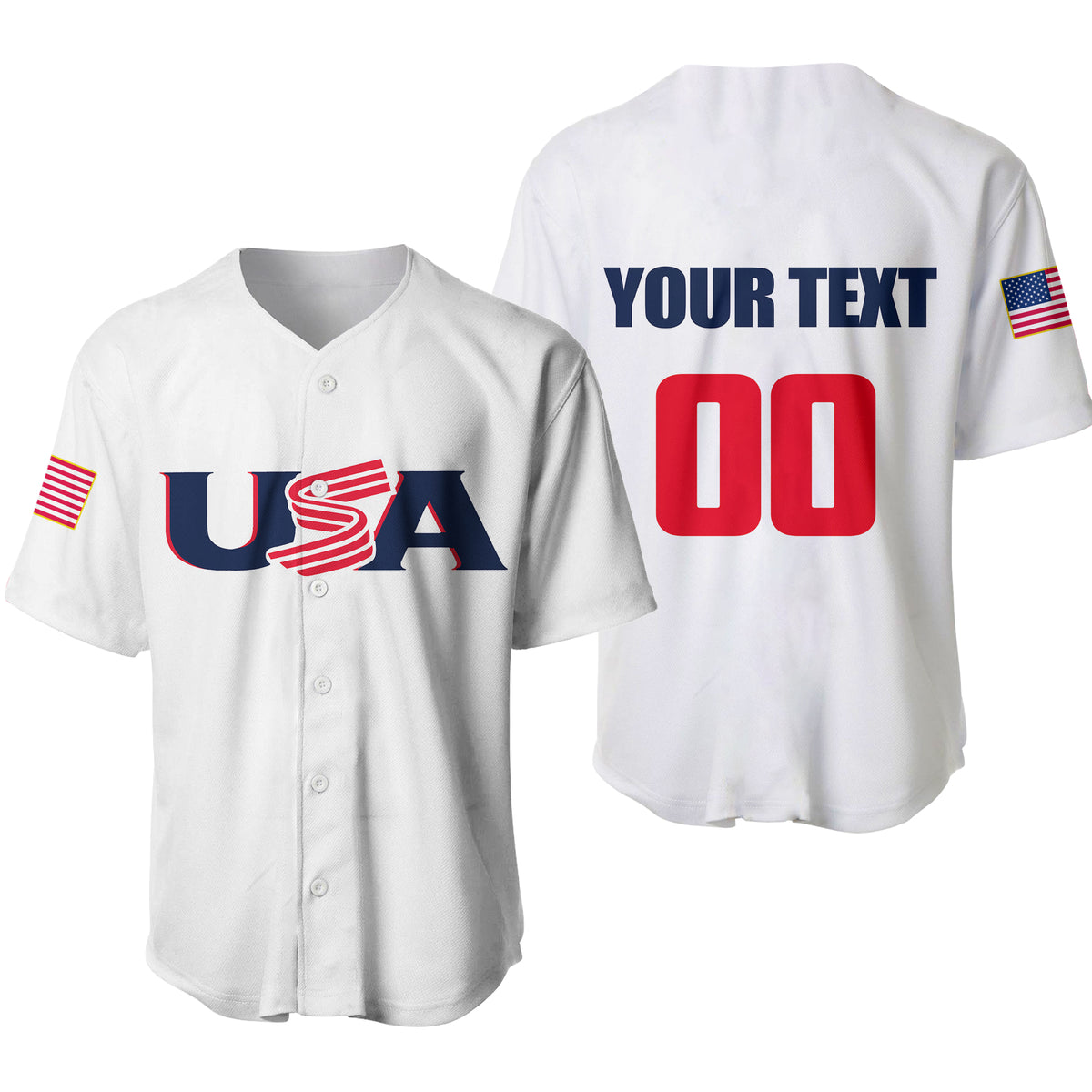White baseball jersey: front USA logo, back 'YOUR TEXT' and 00, button placket.