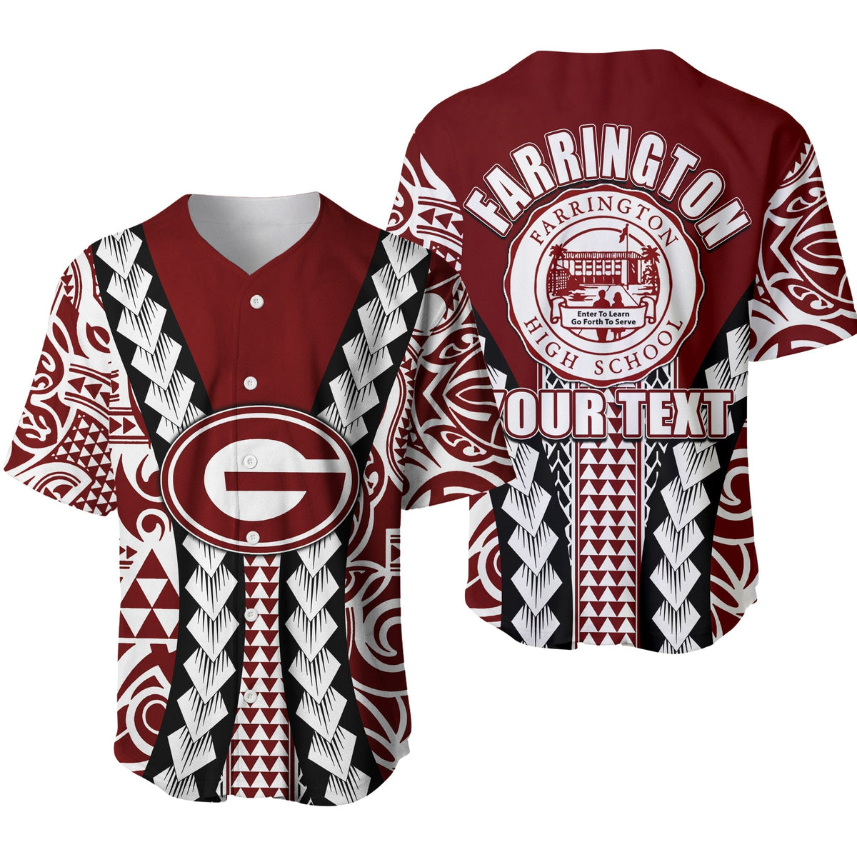 Maroon baseball jersey, V-neck buttons, tribal sleeves, Farrington logo, custom text