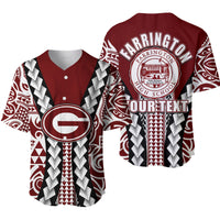 Maroon baseball jersey, V-neck buttons, tribal sleeves, Farrington logo, custom text