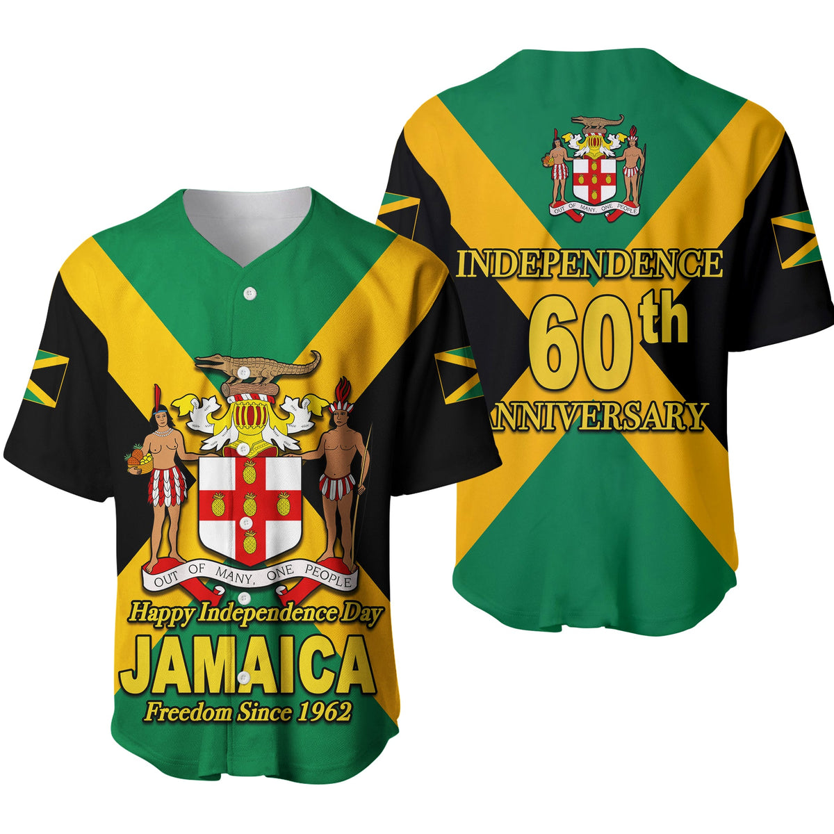 Jamaica baseball shirt in green, yellow, and black; front crest with “JAMAICA” text