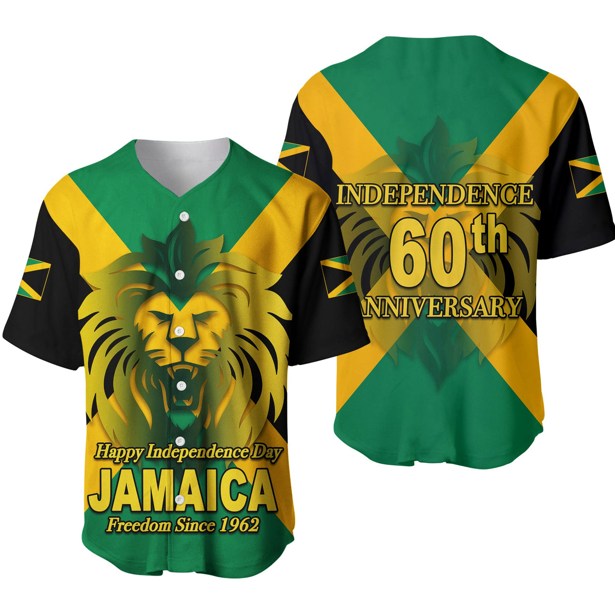 Baseball shirt: lion art, front Jamaica text; back Independence 60th Anniversary