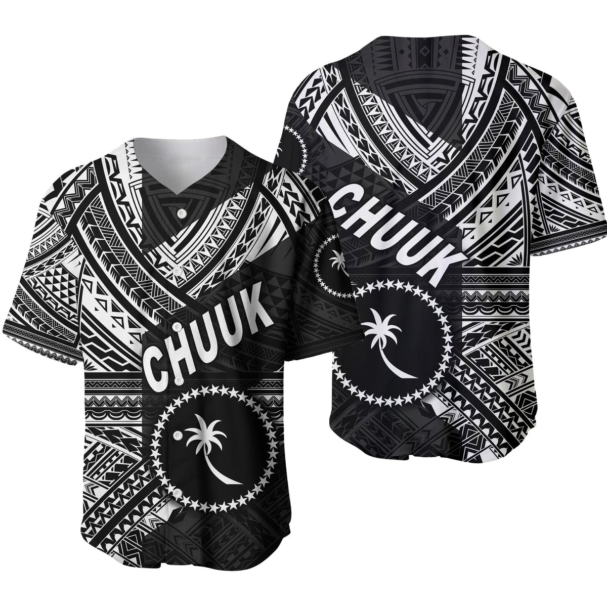 Black baseball jersey with white geometric patterns and CHUUK lettering, short sleeves
