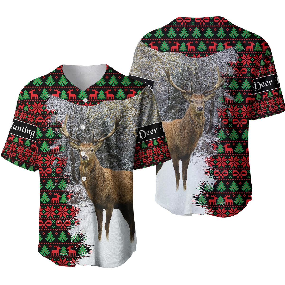 Black baseball jersey with deer graphic, antlers, and Christmas knit pattern; LT8