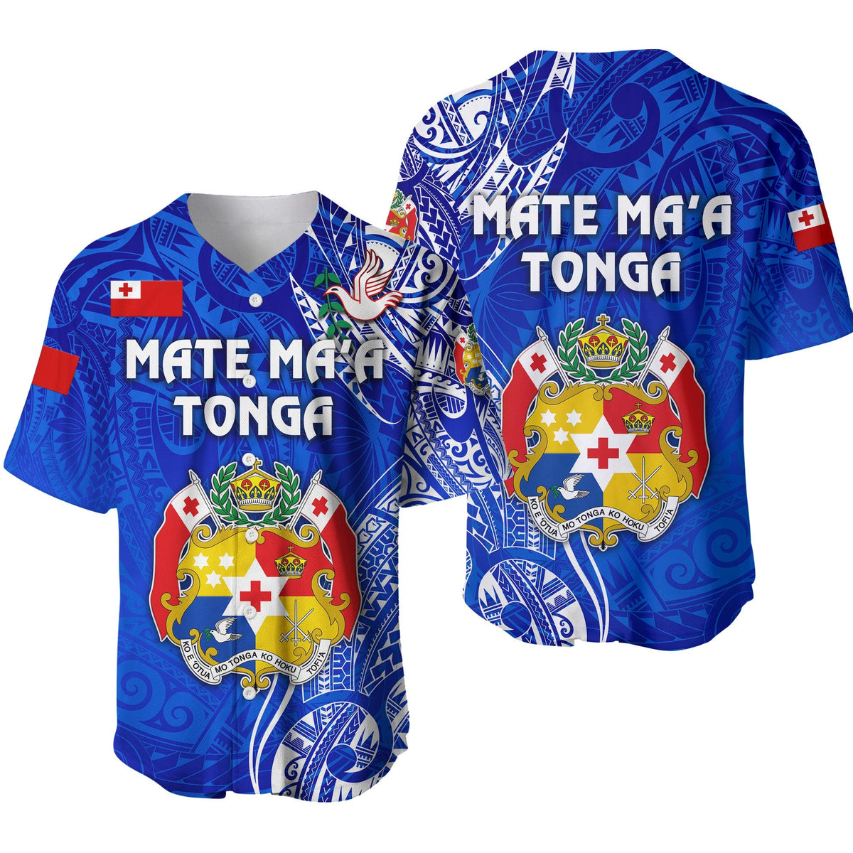 Blue baseball jersey with Tonga crest and 'MATE MA'A TONGA' text