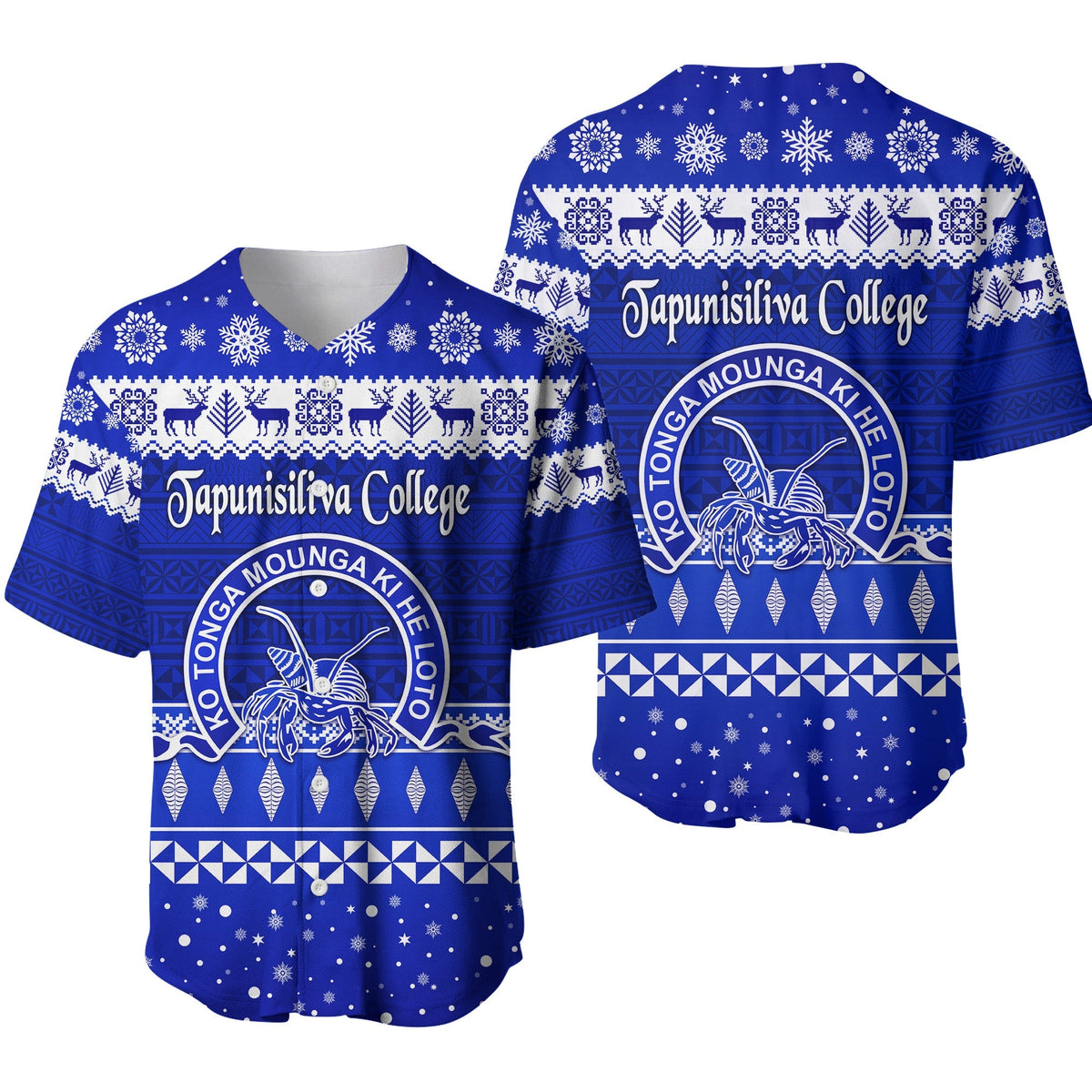 Blue Christmas baseball jersey with holiday pattern, school text logo, and short sleeves