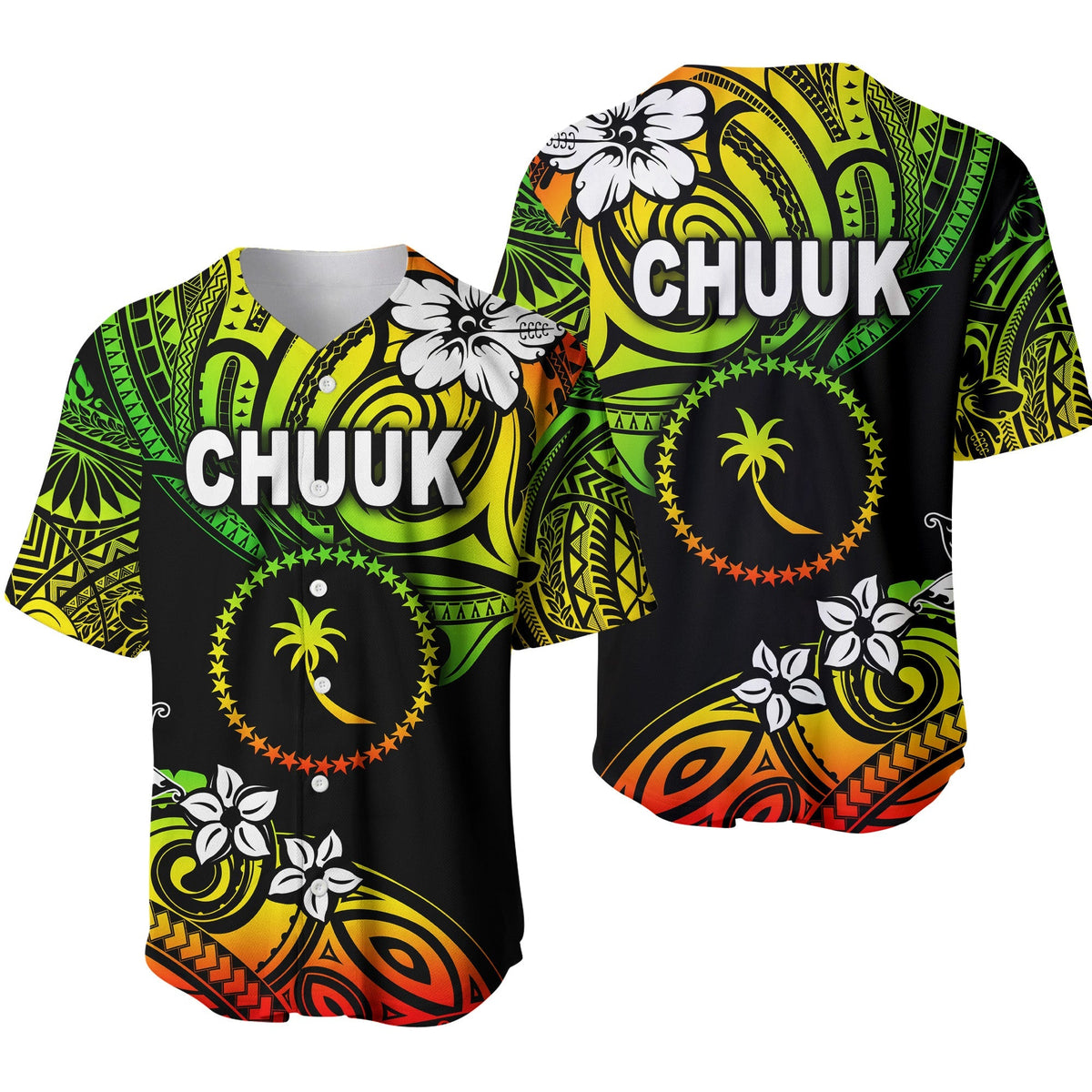 Black baseball jersey with CHUUK logo and green/yellow tropical pattern, short sleeves.