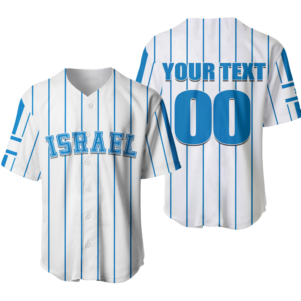 White baseball jersey with blue stripes, V-neck, button front, Israel lettering and number 00