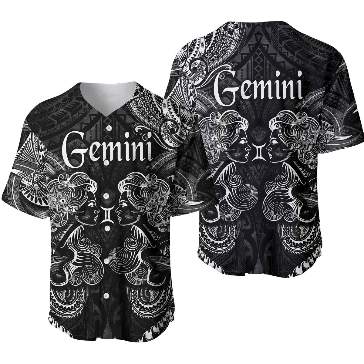 Black Gemini zodiac baseball jersey with white ornate faces and swirl patterns
