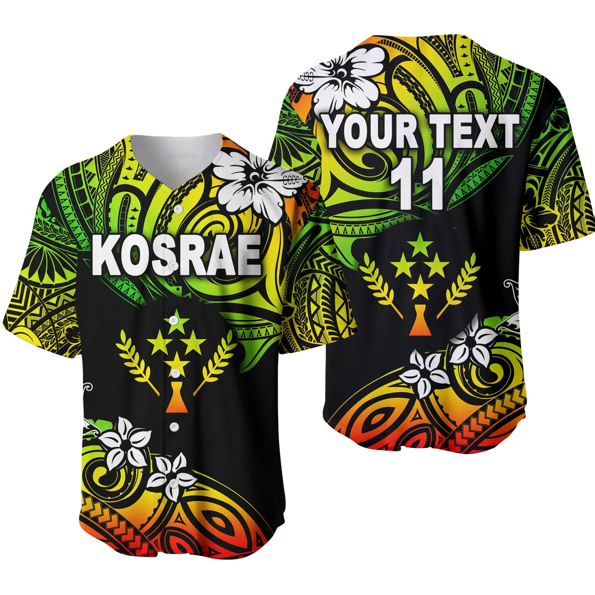 Reggae baseball jersey: black with green/yellow patterned print, trophy icon and 'YOUR TEXT'