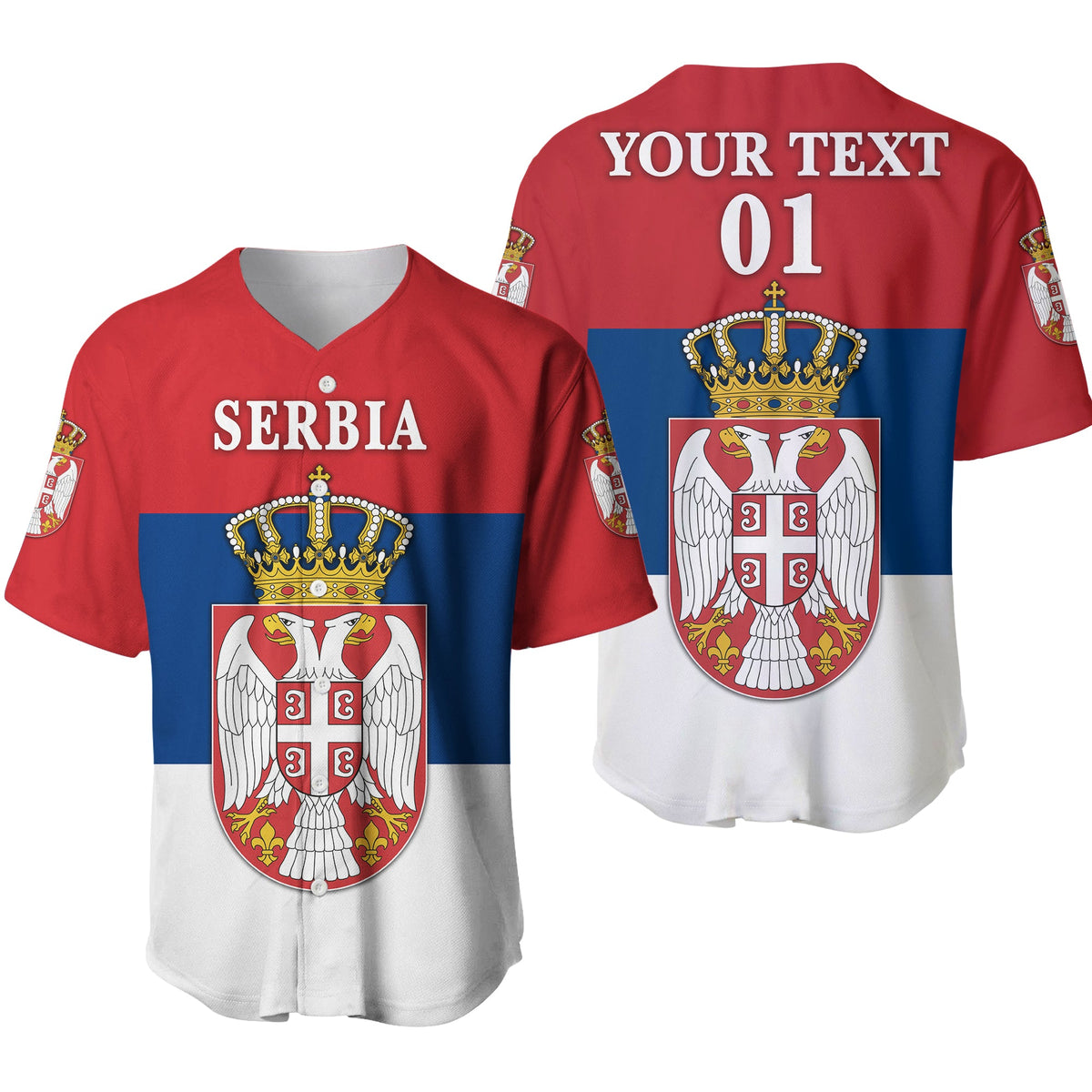 Serbia baseball jersey in red with blue stripe, crest and “SERBIA” on front