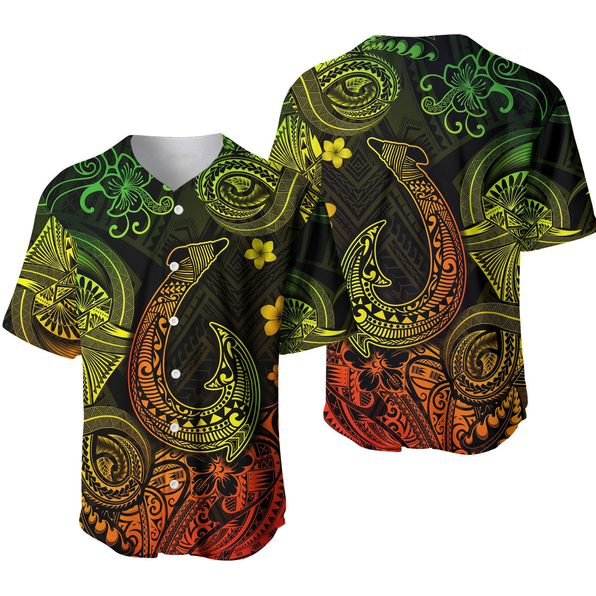 Reggae Polynesian fish hook baseball jersey with bold green, yellow, and orange patterned print