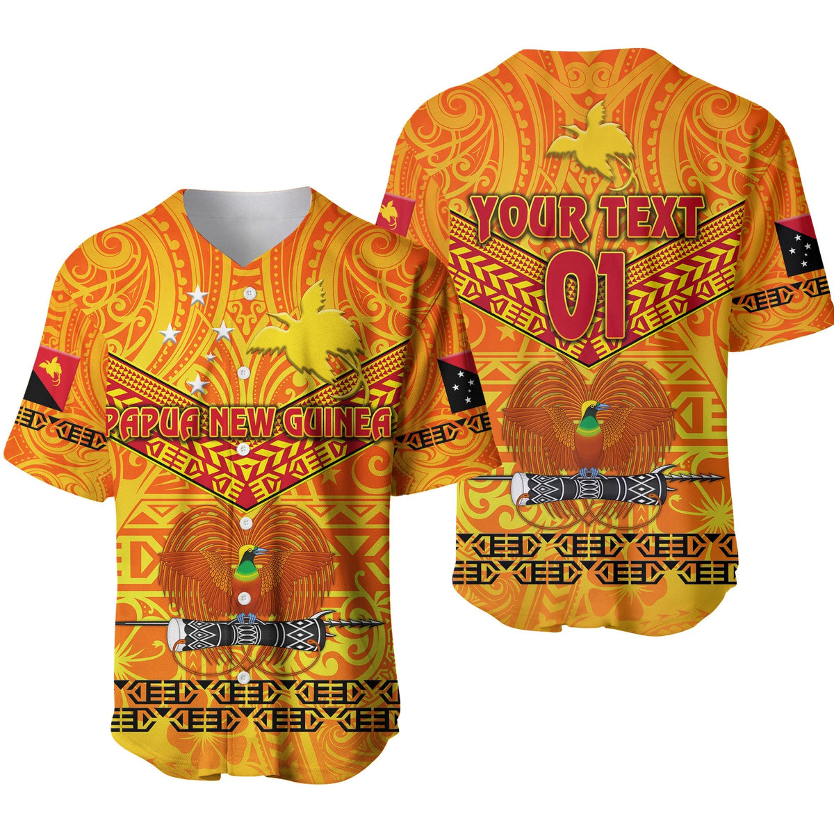 Yellow Papua New Guinea Kumuls baseball jersey with “YOUR TEXT” and number 01