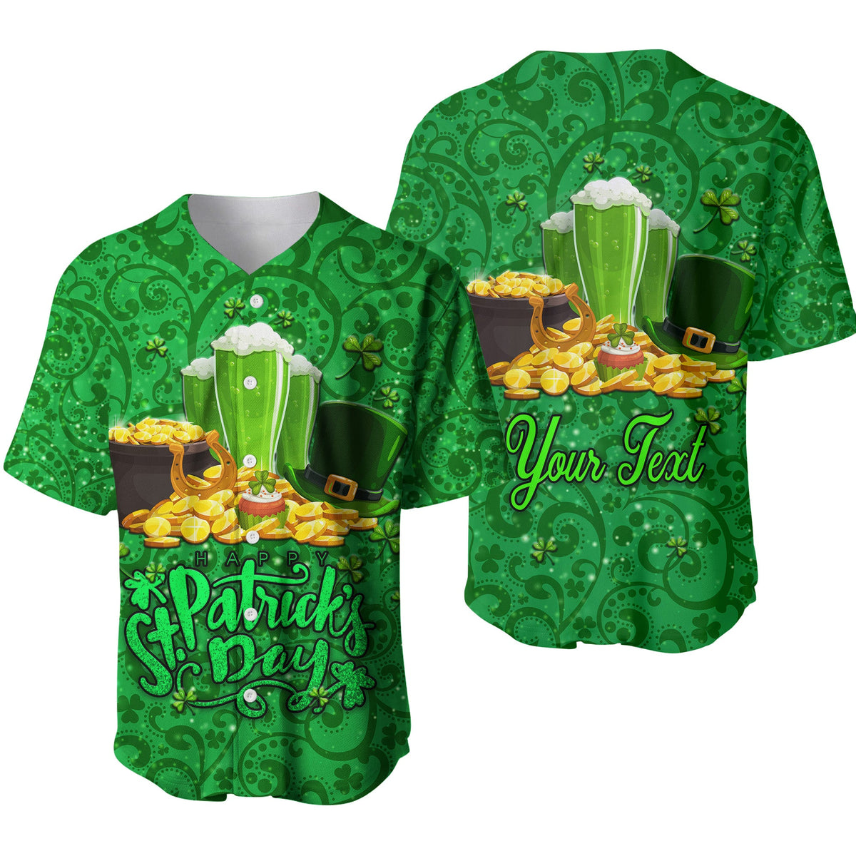 Green baseball jersey for St. Patrick’s Day with shamrock and “Your Fest” print