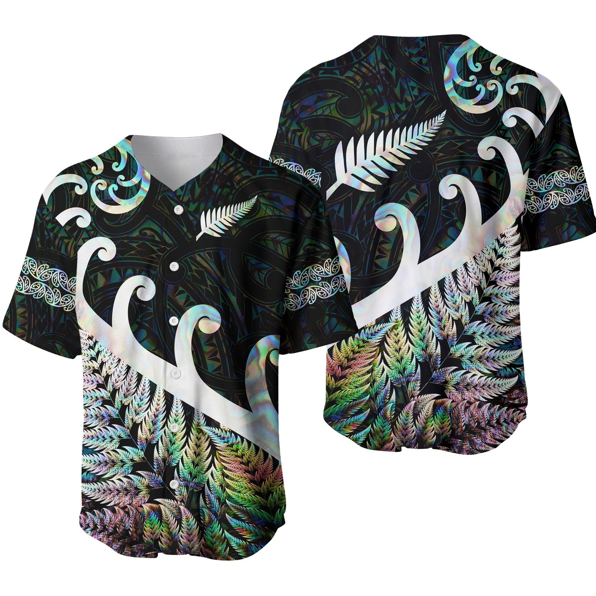 New Zealand Rugby Maori Baseball Jersey Silver Fern Koru Vibes Paua Shell LT8 - Wonder Print Shop