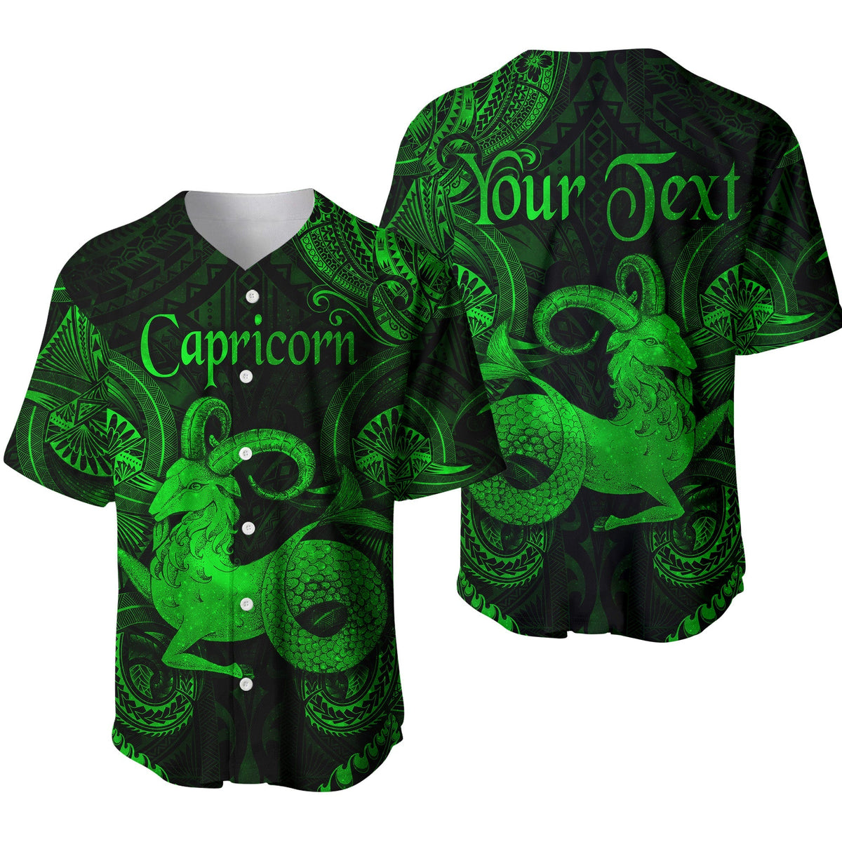 Green Capricorn baseball jersey with Polynesian tribal pattern and 'Capricorn' text
