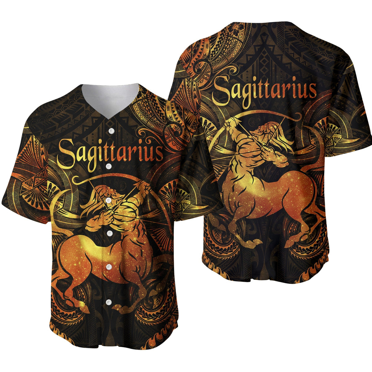 Sagittarius Polynesian baseball jersey, black with gold text and ornate ram graphic