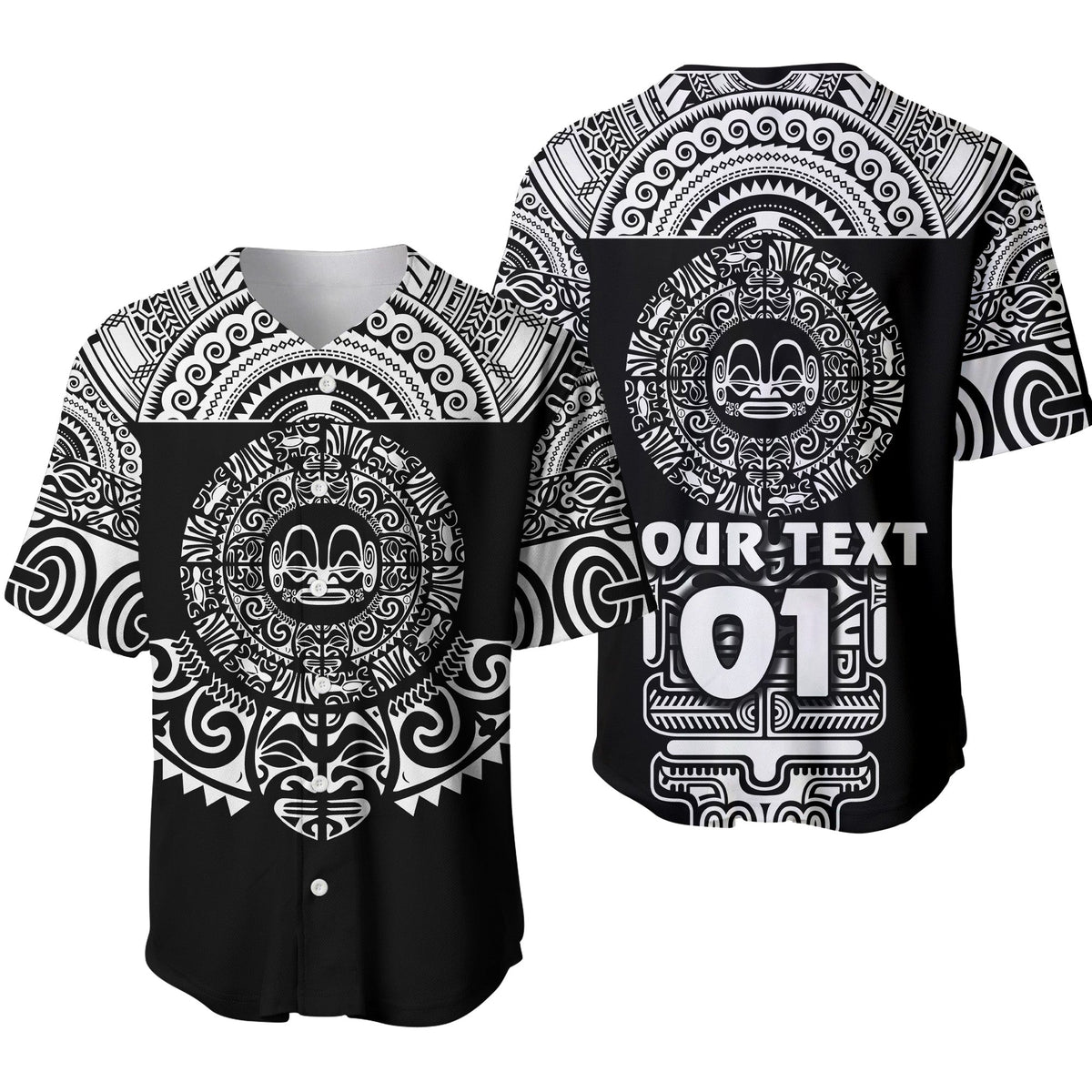 Black baseball jersey with bold tribal circular tattoo graphic on front