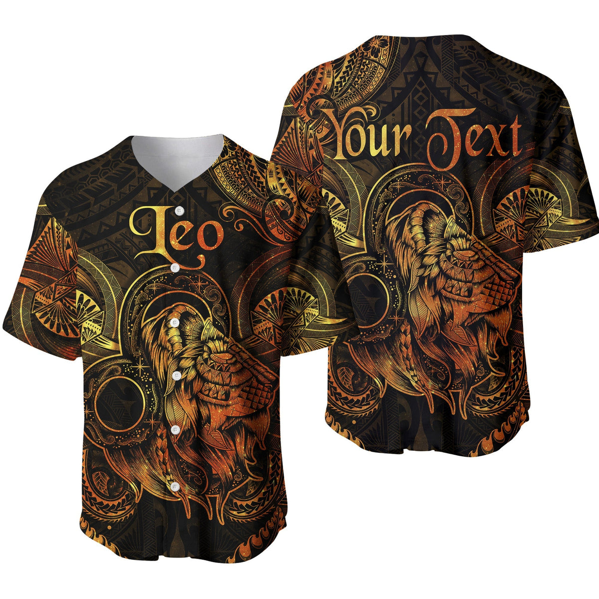 Gold Leo zodiac polynesian baseball jersey, black with ornate lion head graphic