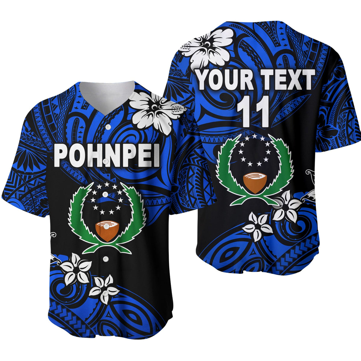 Blue baseball jersey with black tribal pattern, 'POHNPEI' text and number 11