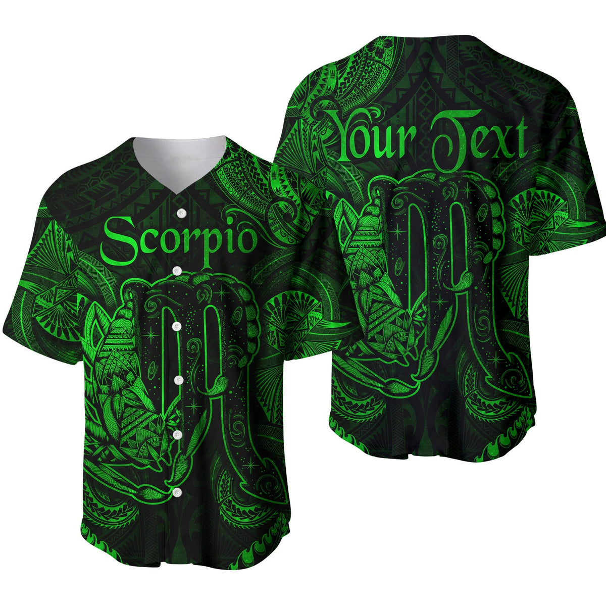 Scorpio zodiac polynesian baseball jersey, green and black cactus pattern, front button placket