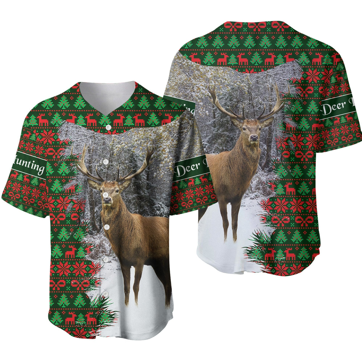 Green baseball jersey with deer graphic, 'Deer' text, holiday pattern, button front
