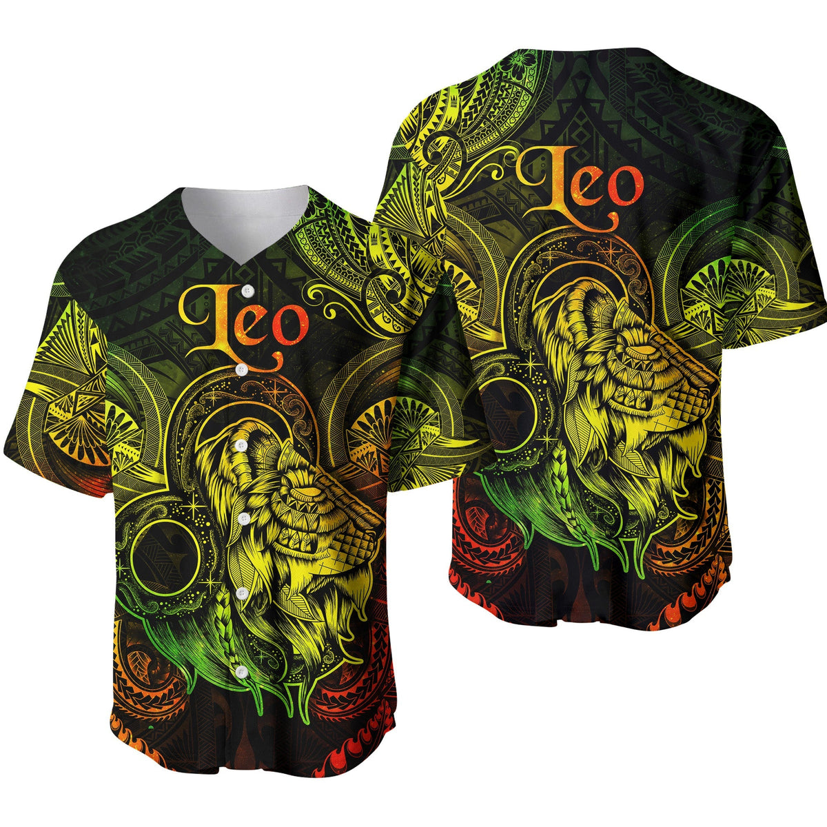 Black baseball jersey with Leo lion graphic and neon green/yellow accents.