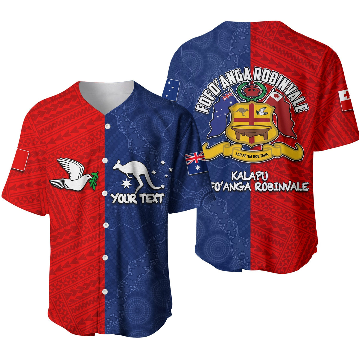 Personalised baseball jersey half style red/blue, front buttons, “YOUR TEXT”