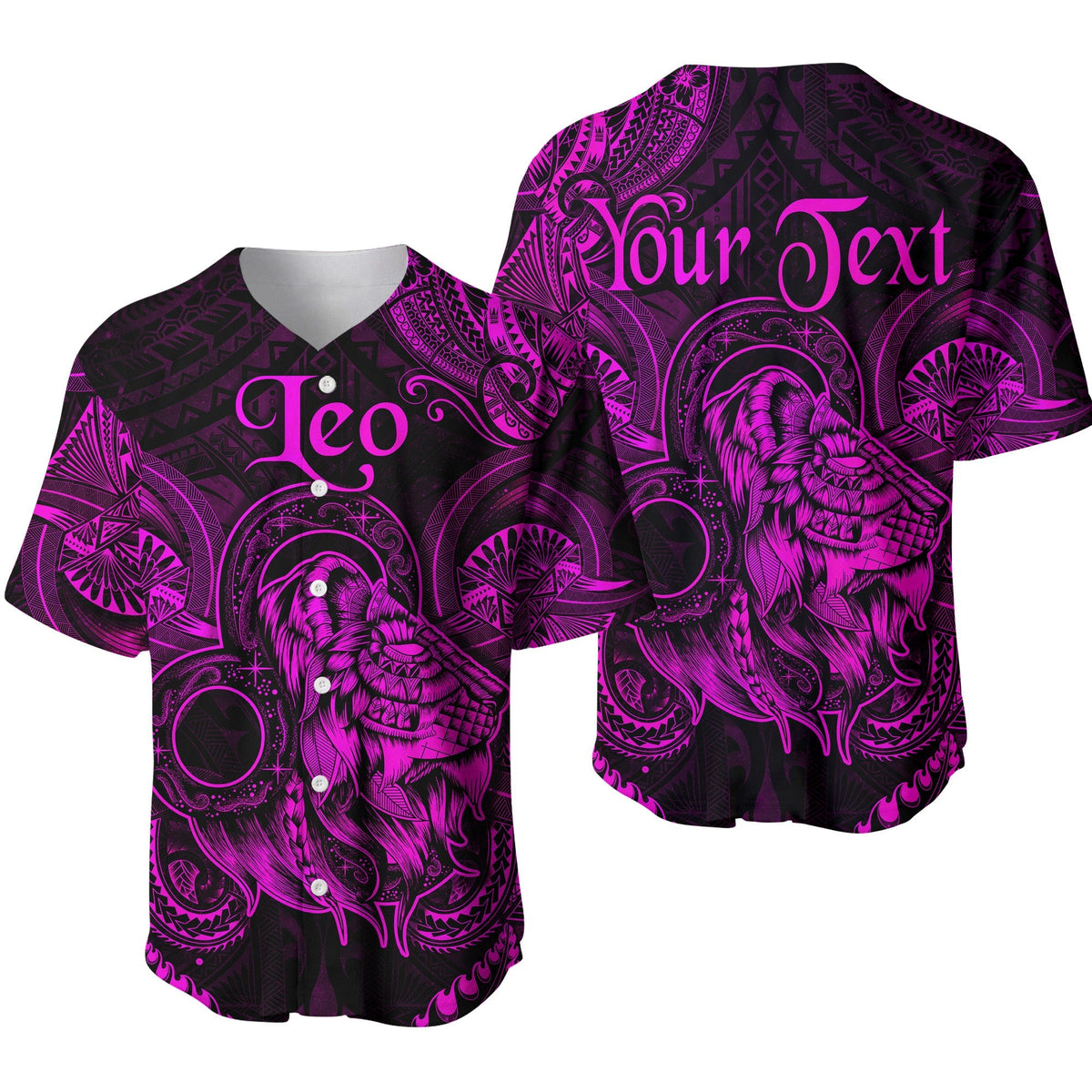Leo zodiac baseball jersey, pink/purple lion tribal print on black with buttons and collar.
