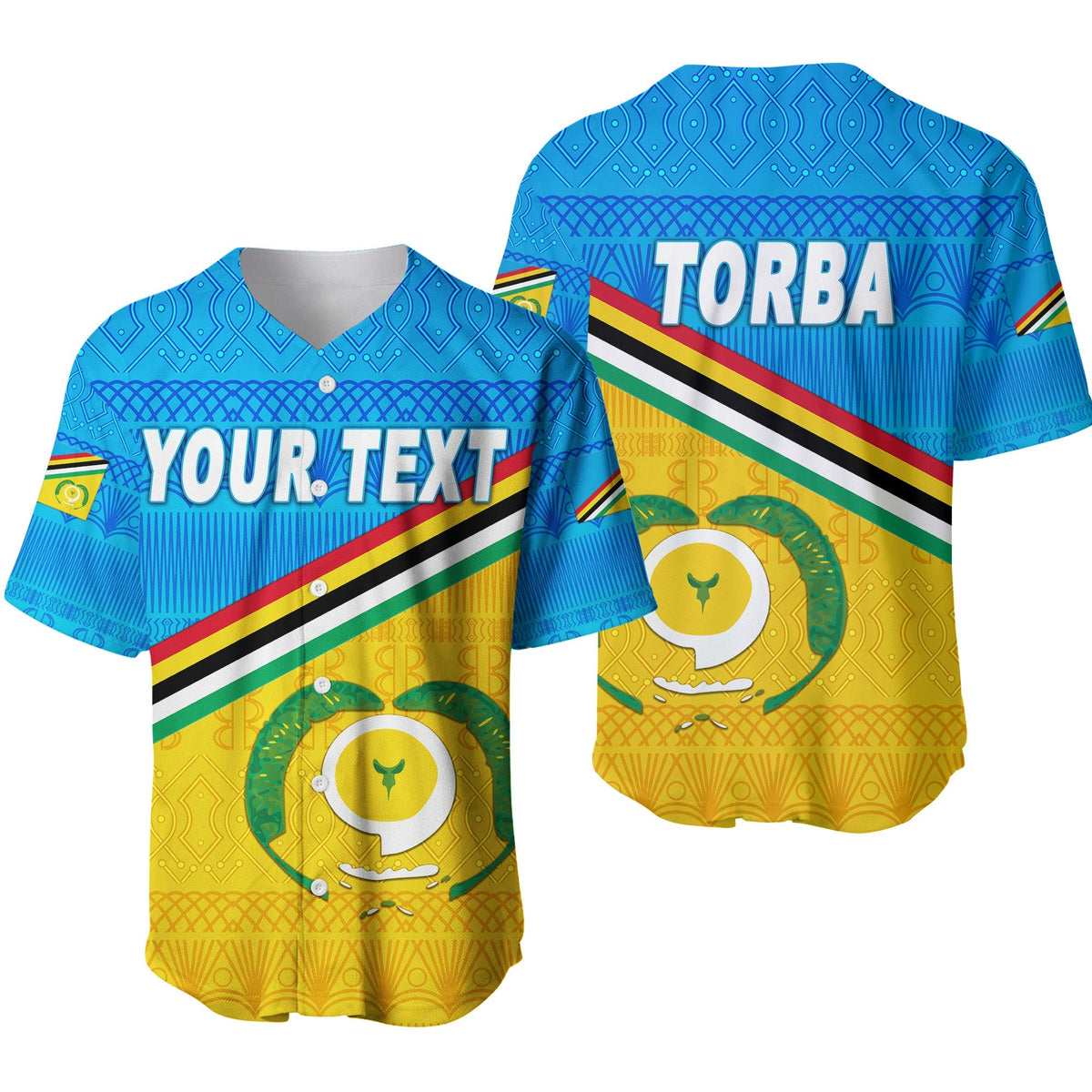Blue baseball jersey with Torba print and custom text, Vanuatu pattern.