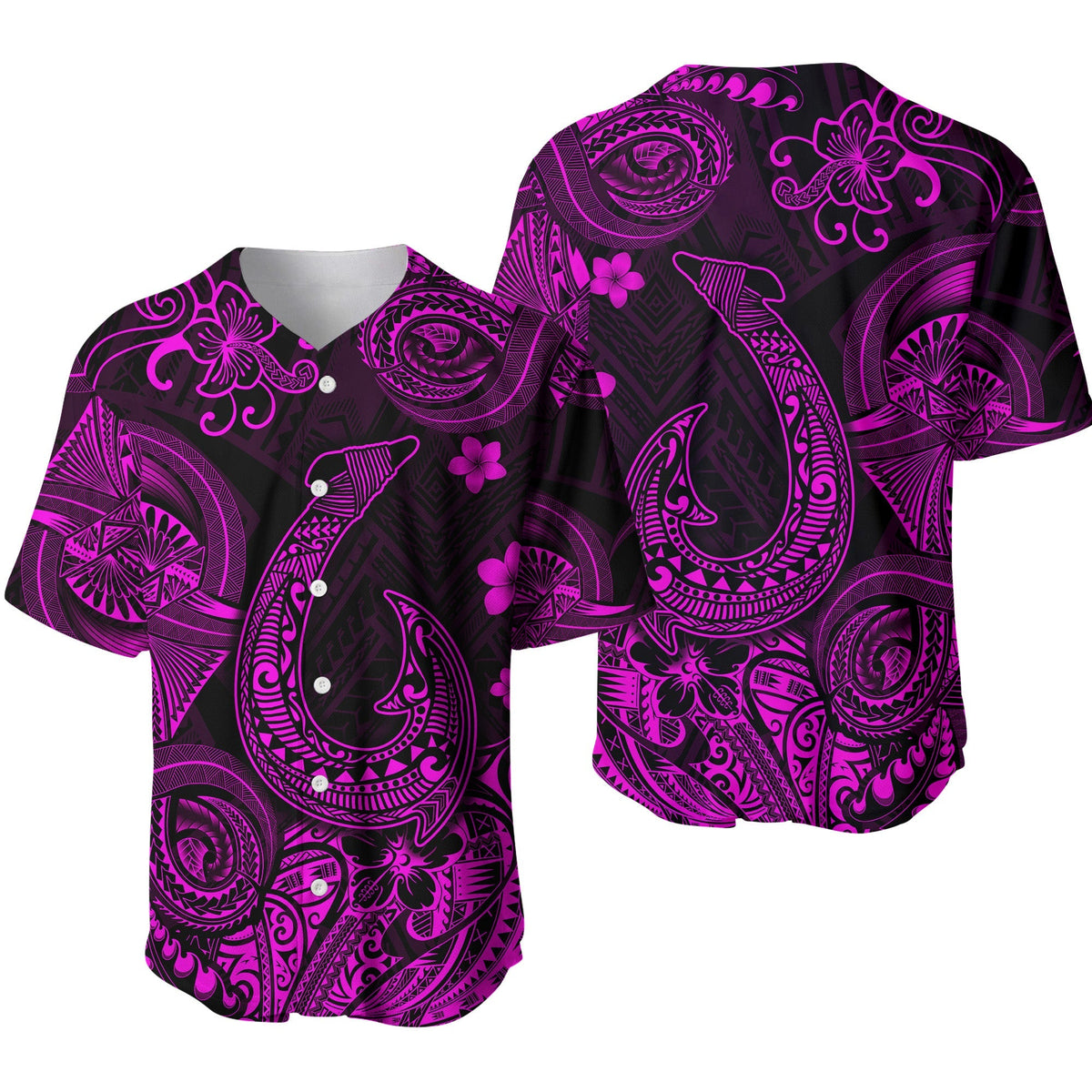 Pink baseball jersey with button-front V-neck and bold purple Polynesian tribal print