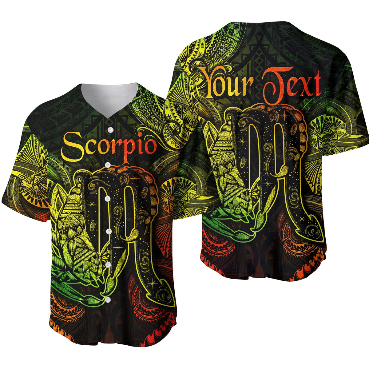 Scorpio polynesian baseball jersey, neon green/yellow on dark, “Your Text” front panel