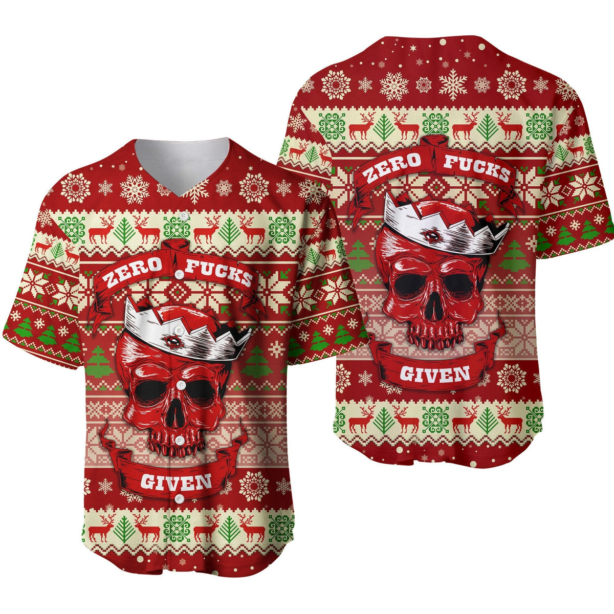 Red Christmas baseball jersey with skull art: ZERO FUCKS and GIVEN