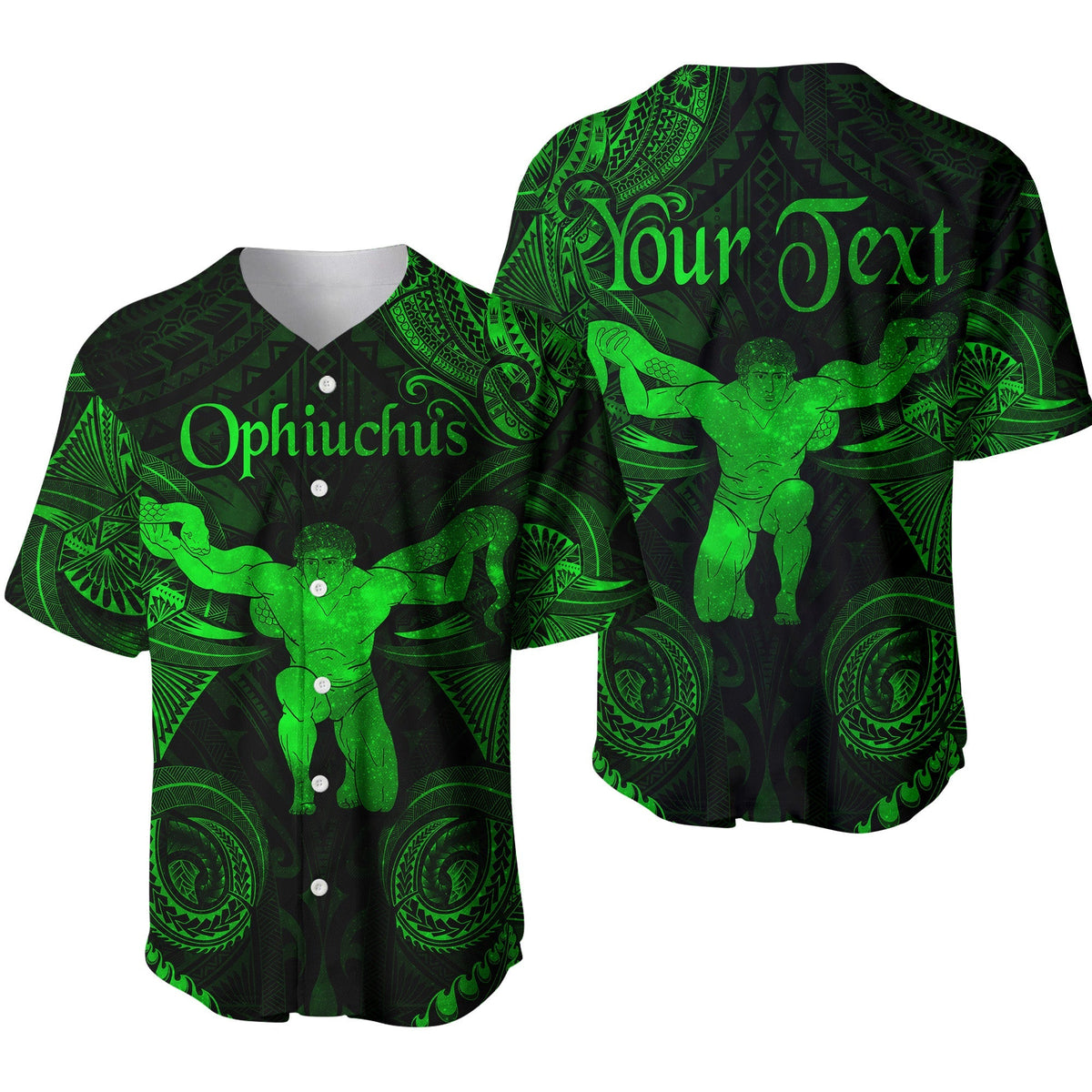 Green Ophiuchus zodiac baseball jersey with Polynesian pattern, button front and collar